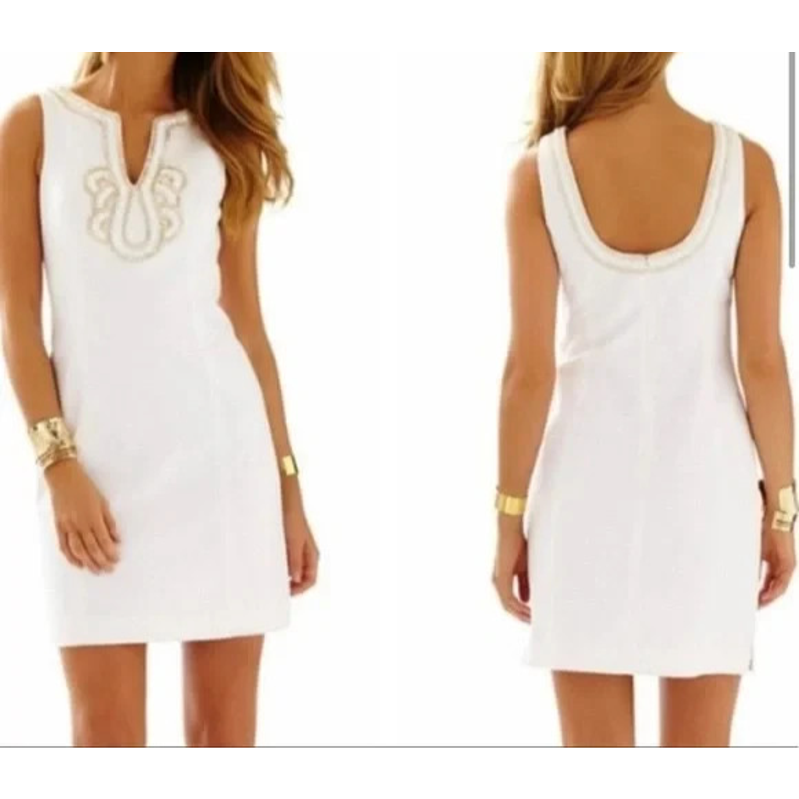 Lilly Pulitzer Janise Shift Dress 14 Cotton White Gold Beaded Zip Closure Lined